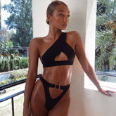 High Cut Cutout One Shoulder Brazilian Two Piece Bikini Swimsuit